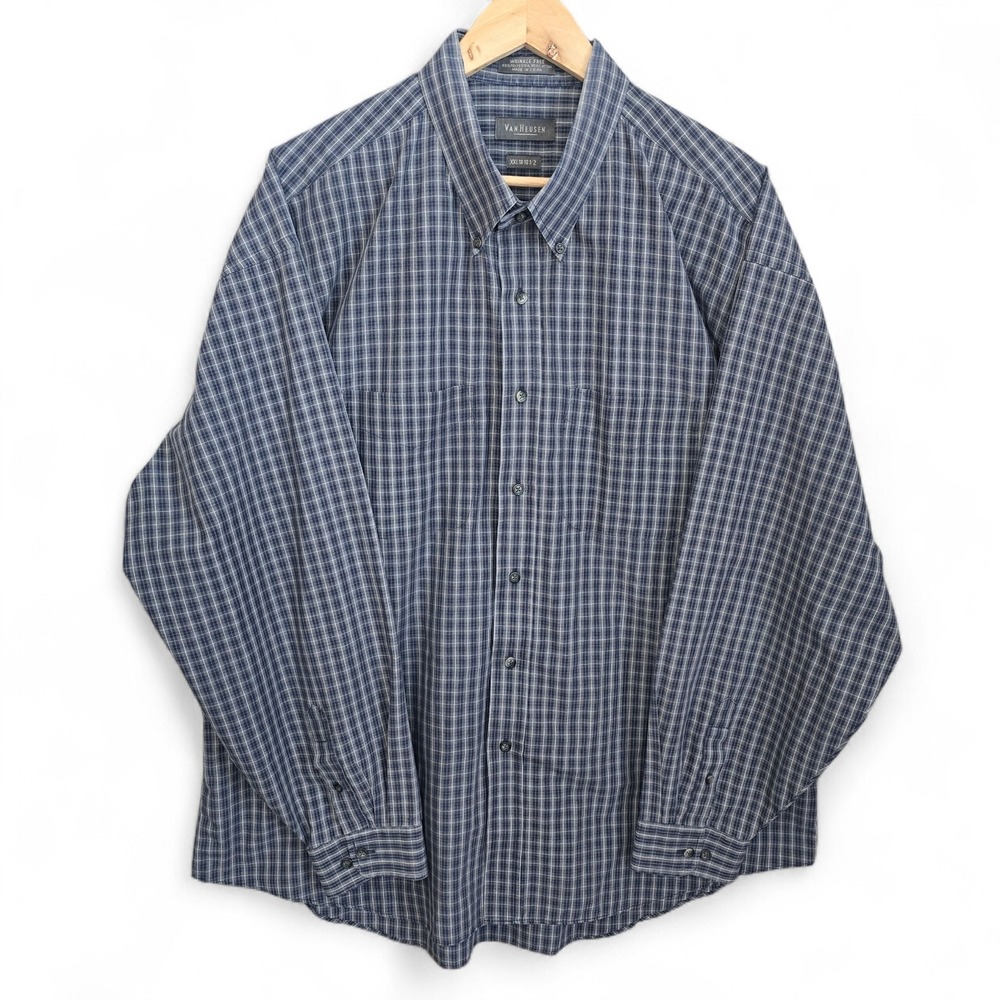 Van Heusen Dress Shirt Mens 18-18.5 XXL 2XL Blue Plaid Button Wrinkle Free